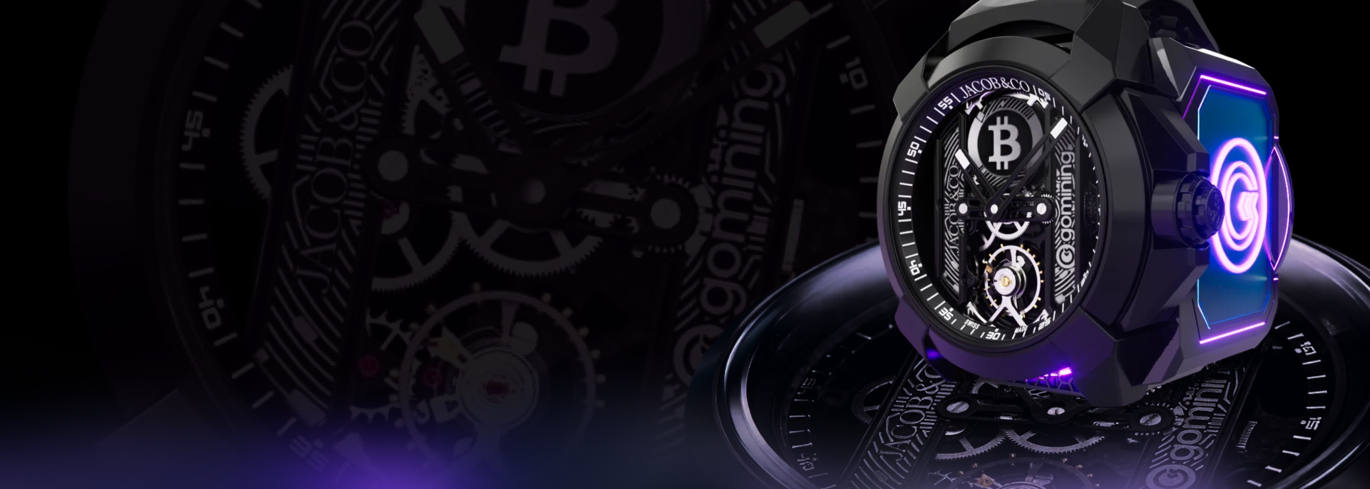GoMining x Jacob & Co. campaign hero with luxury watch and Bitcoin mining visuals