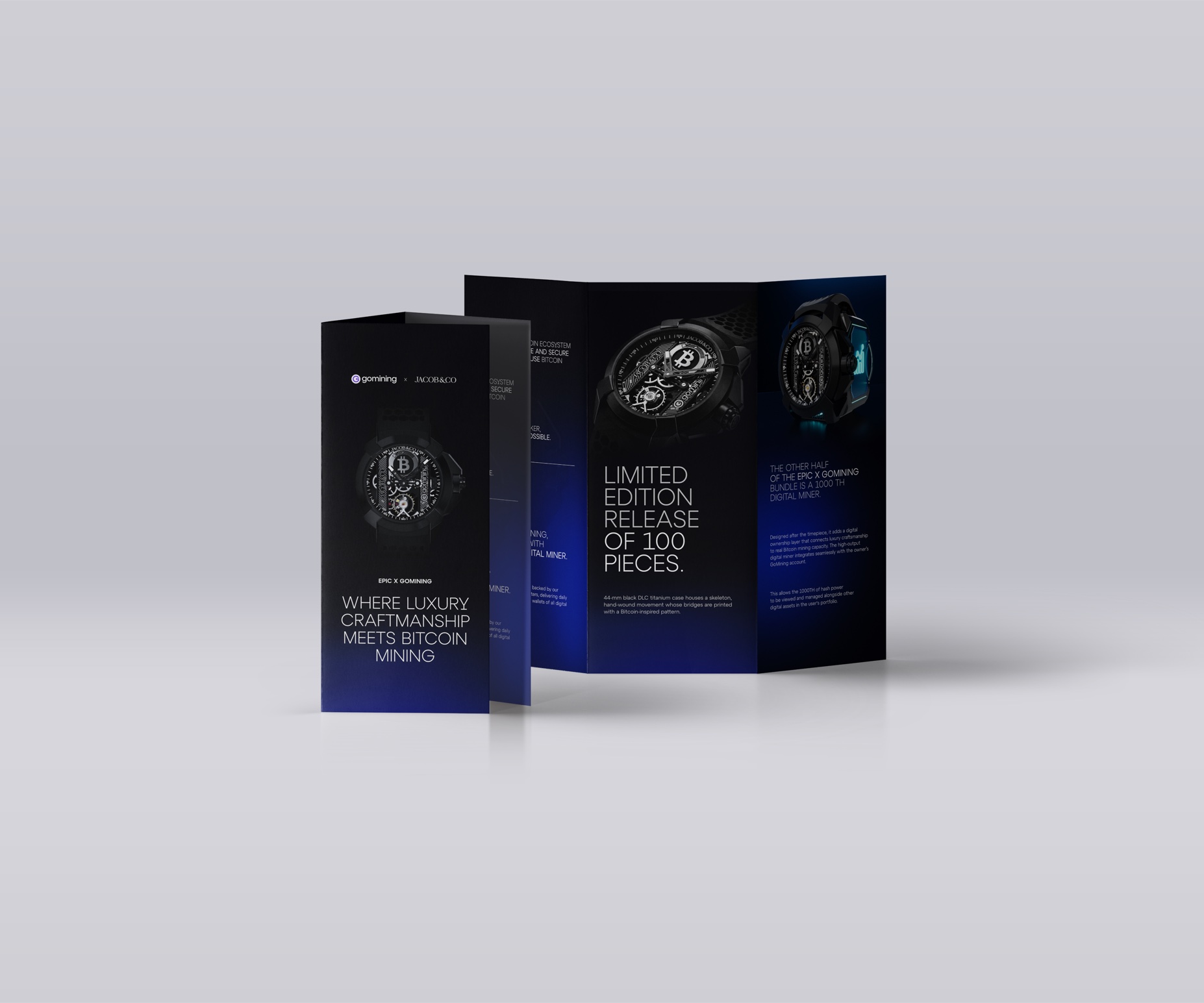 Tri-fold print mockup for the GoMining x Jacob & Co. campaign