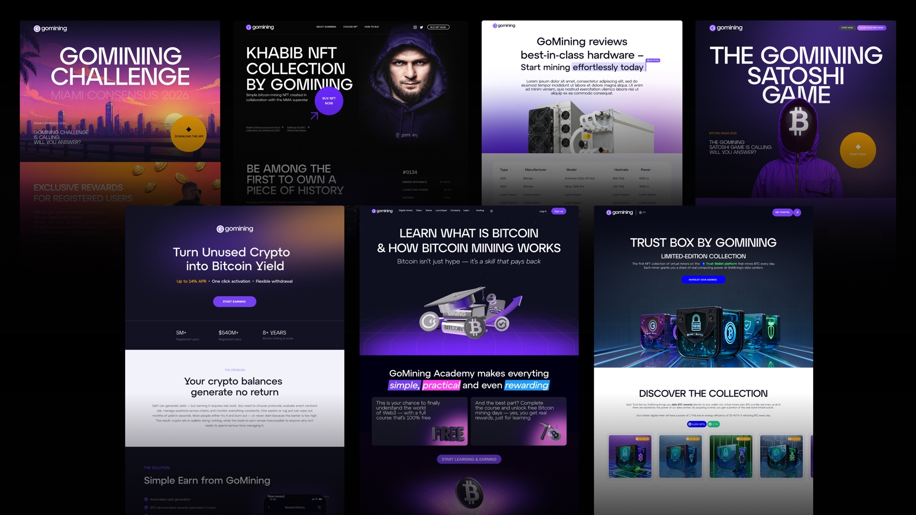 Grid of GoMining landing page designs